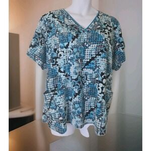 Premiere by Healing Hands Medical Scrub Top 4XL Teal Abstract V-neck Pockets